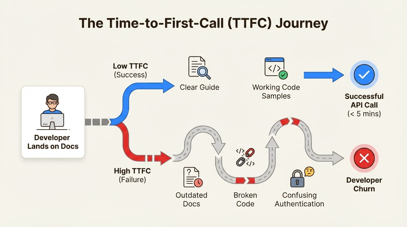 An infographic showing the two paths a developer can take: a short path to success with a low TTFC, and a long, frustrating path to churn with a high TTFC.