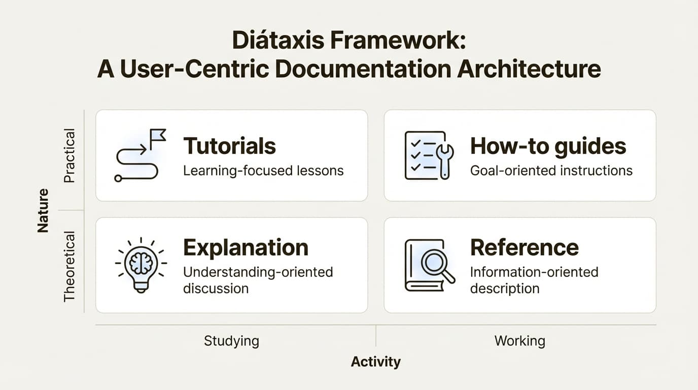 An infographic showing the four quadrants of the Diataxis framework Docs Agent, categorized by practical vs. theoretical and studying vs. working.
